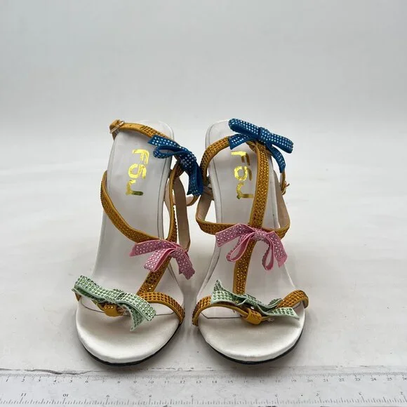 FSJ Crystal Bows Gold Metal Chain Thick High Heel Open Toe Crystal Bows Sandals - Picture 3 of 8